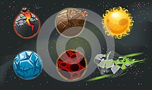 Colorful cartoon fantasy planets set on space background